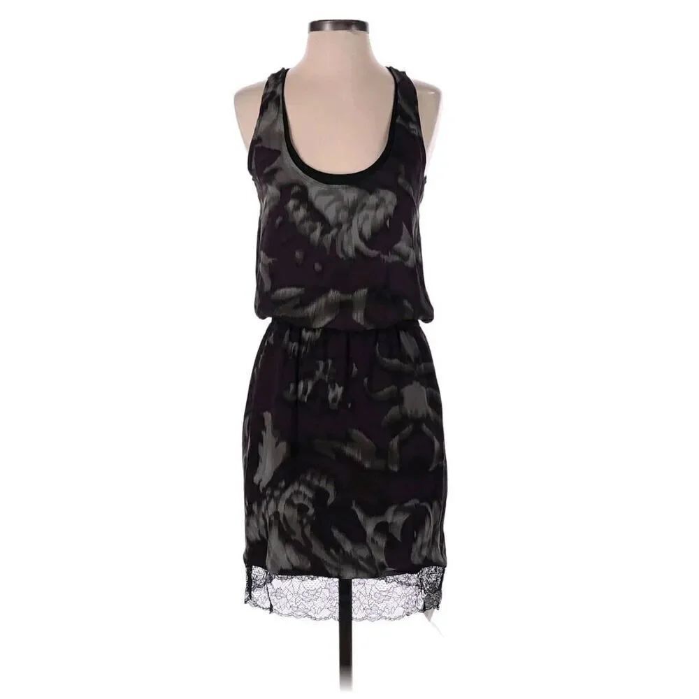 ROBERT RODRIGUEZ Purple and Black Printed Silk and Lace Trim Tank Dress,Nwot, 0
